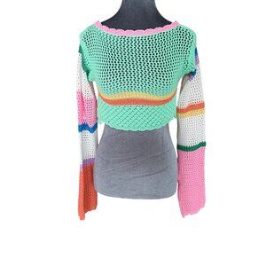 Handmade Open-Knit Colorful Cropped Sweater With Long Bell Sleeves Y2k